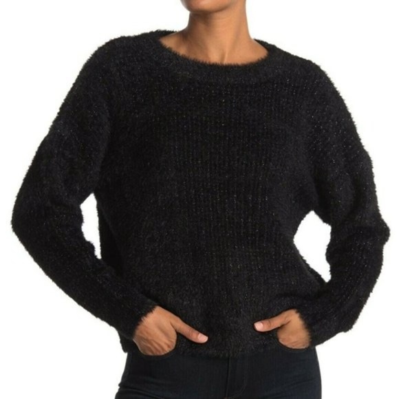 FRNCH Black Glitter Cropped Crew Neck Sweater.  Soft fuzzy, winter warm sparkly - Picture 2 of 12